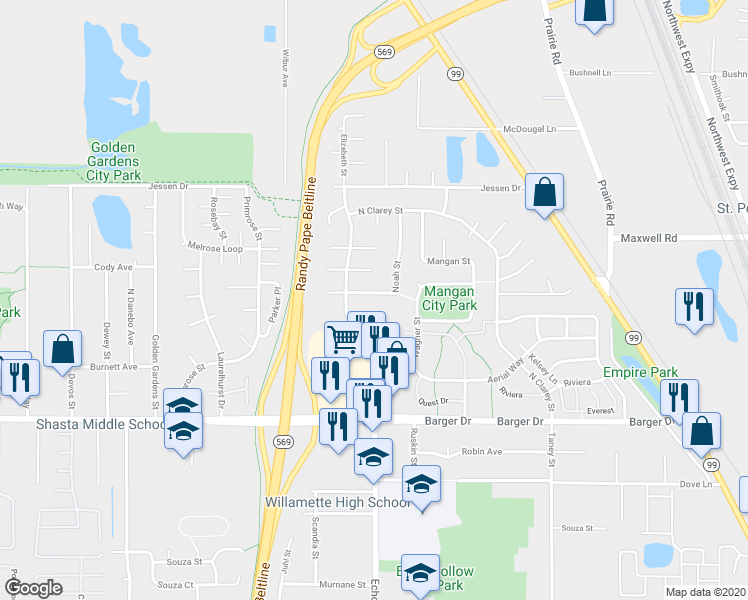 map of restaurants, bars, coffee shops, grocery stores, and more near 2483 Noah Street in Eugene