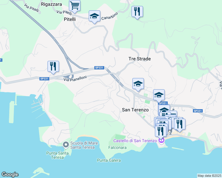 map of restaurants, bars, coffee shops, grocery stores, and more near 36 Via Umberto Biancamano in Lerici