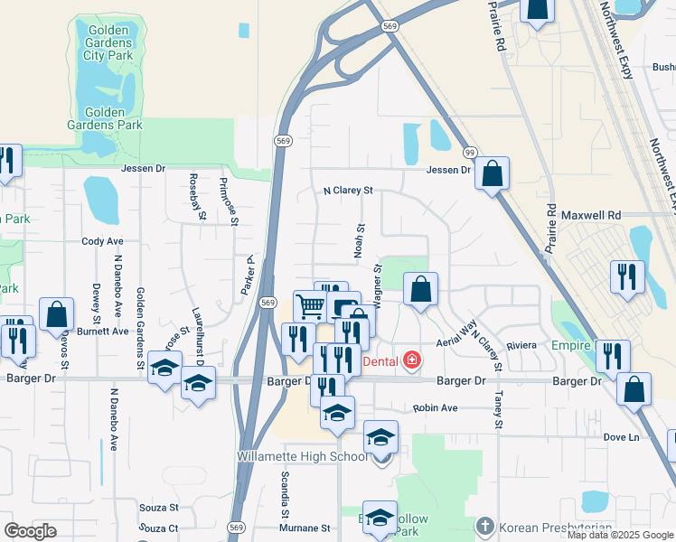 map of restaurants, bars, coffee shops, grocery stores, and more near 2483 Noah Street in Eugene