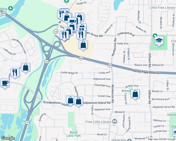 map of restaurants, bars, coffee shops, grocery stores, and more near 2205 Wildwood Street in Eugene