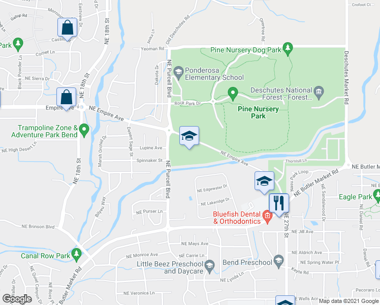 map of restaurants, bars, coffee shops, grocery stores, and more near 63100 Northeast Purcell Boulevard in Bend