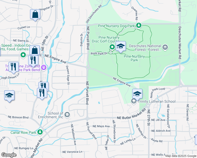map of restaurants, bars, coffee shops, grocery stores, and more near 63095 Deschutes Market Road in Bend