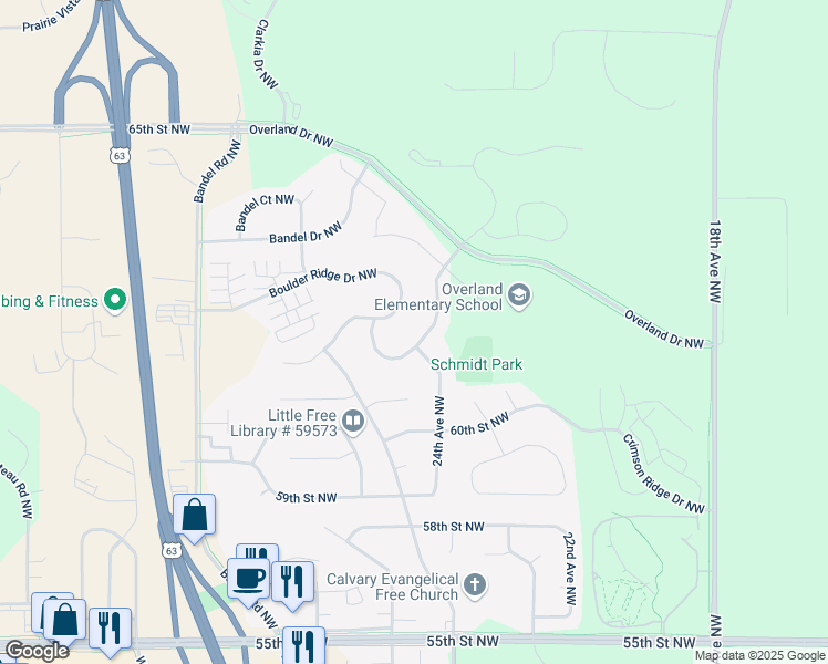 map of restaurants, bars, coffee shops, grocery stores, and more near 6075 Granite Drive Northwest in Rochester