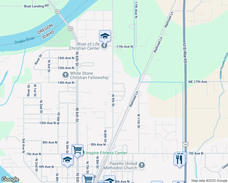 map of restaurants, bars, coffee shops, grocery stores, and more near 1300 North 9th Street in Payette