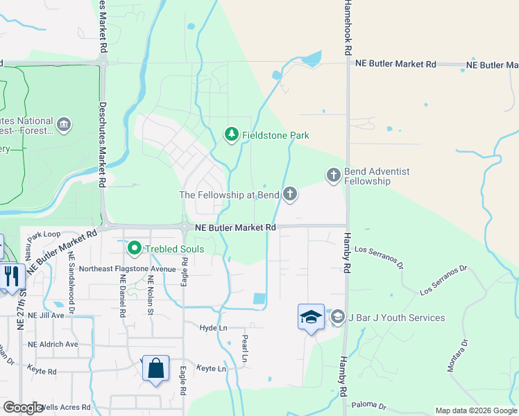 map of restaurants, bars, coffee shops, grocery stores, and more near 21460 NE Butler Market Rd in Bend