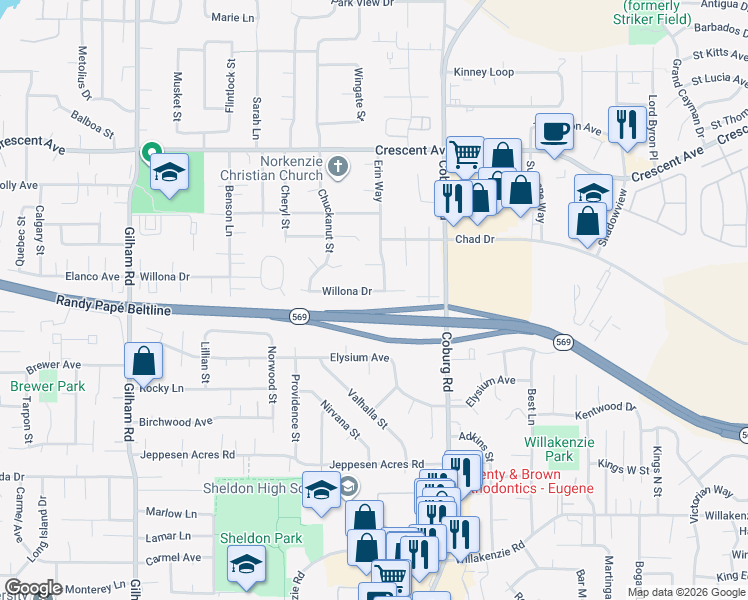 map of restaurants, bars, coffee shops, grocery stores, and more near 2578 Willona Drive in Eugene