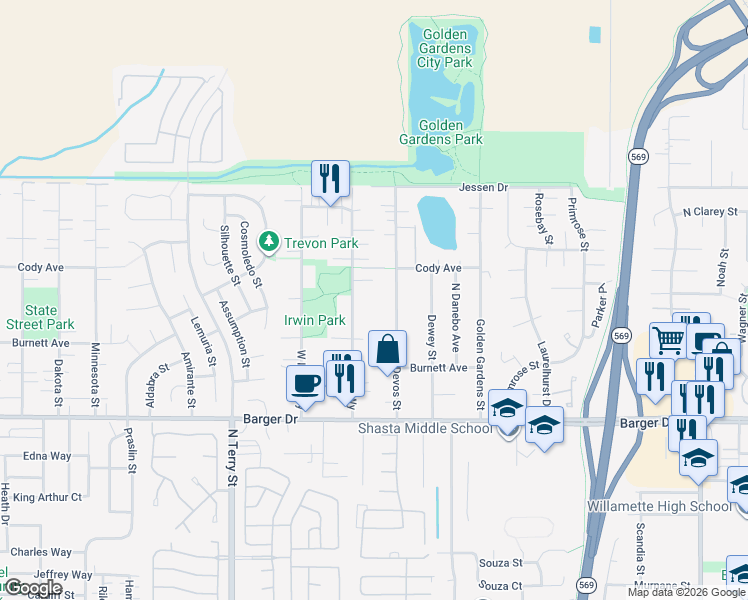 map of restaurants, bars, coffee shops, grocery stores, and more near 2160 Devos Street in Eugene
