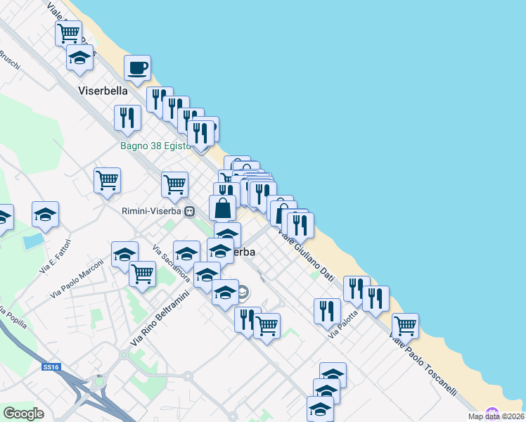 map of restaurants, bars, coffee shops, grocery stores, and more near 57 Viale Giuliano Dati in Rimini