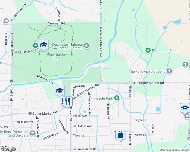 map of restaurants, bars, coffee shops, grocery stores, and more near 63023 Woodbridge Place in Bend