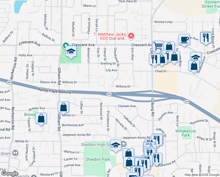 map of restaurants, bars, coffee shops, grocery stores, and more near 2440 Willona Drive in Eugene