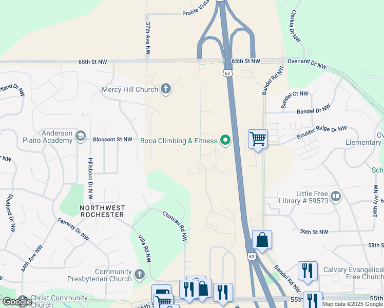 map of restaurants, bars, coffee shops, grocery stores, and more near 6145 Rome Circle Northwest in Rochester