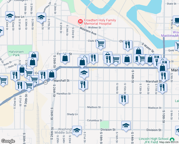 map of restaurants, bars, coffee shops, grocery stores, and more near 1025 South 20th Street in Manitowoc