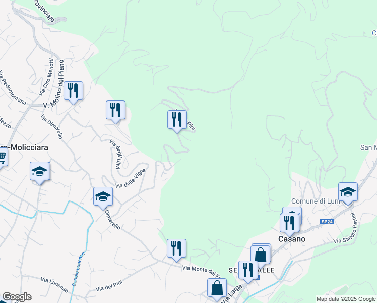 map of restaurants, bars, coffee shops, grocery stores, and more near 40 Via dei Pini in Provincia della Spezia