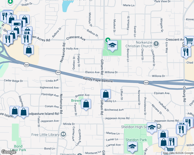 map of restaurants, bars, coffee shops, grocery stores, and more near 2076 Elanco Avenue in Eugene