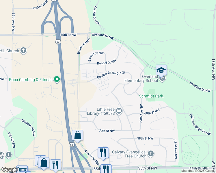 map of restaurants, bars, coffee shops, grocery stores, and more near 2871 Slate Court Northwest in Rochester
