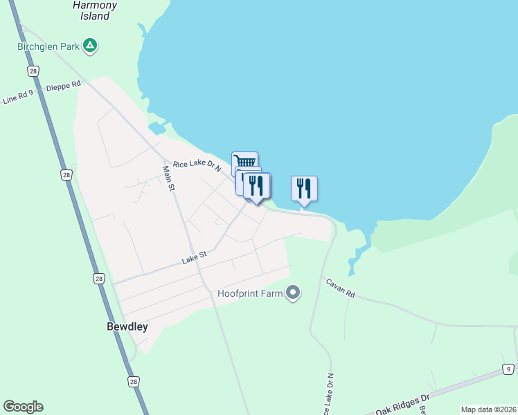 map of restaurants, bars, coffee shops, grocery stores, and more near 5078 Rice Lake Drive North in Bewdley