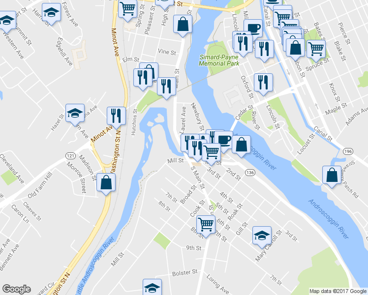 map of restaurants, bars, coffee shops, grocery stores, and more near 376 Maine 136 in Auburn