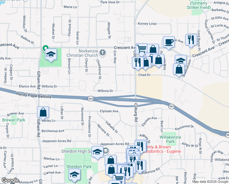 map of restaurants, bars, coffee shops, grocery stores, and more near 2578 Willona Drive in Eugene