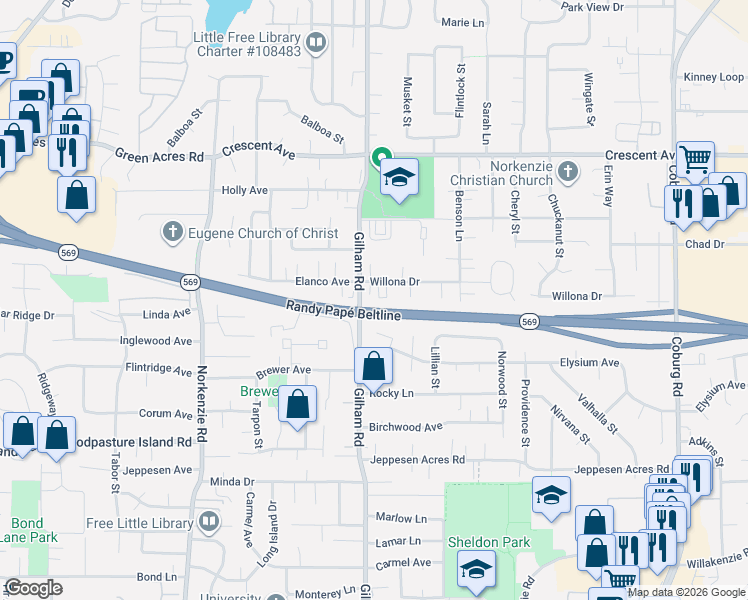 map of restaurants, bars, coffee shops, grocery stores, and more near 2145 Elysium Avenue in Eugene