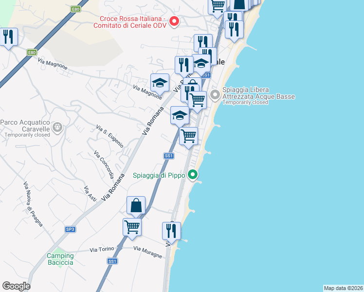 map of restaurants, bars, coffee shops, grocery stores, and more near 145 Strada Statale 1 in Ceriale