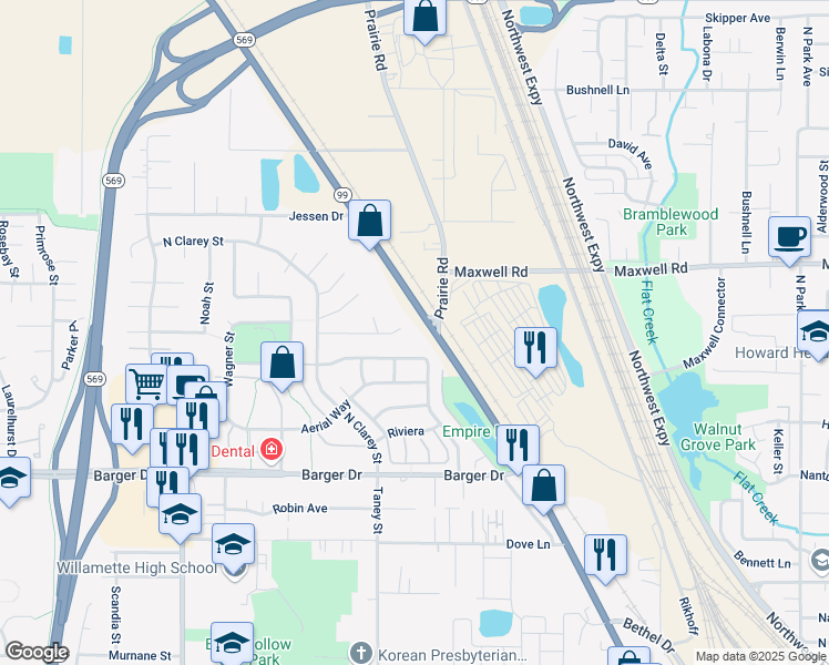 map of restaurants, bars, coffee shops, grocery stores, and more near 3869 Century Drive in Eugene