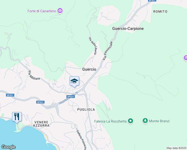 map of restaurants, bars, coffee shops, grocery stores, and more near 381 Via Provinciale in Lerici