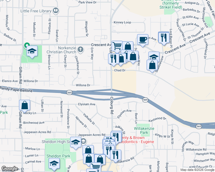 map of restaurants, bars, coffee shops, grocery stores, and more near 2754 Chad Drive in Eugene