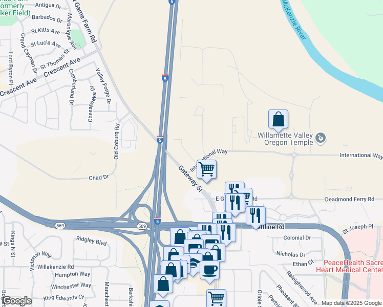 map of restaurants, bars, coffee shops, grocery stores, and more near 158 International Way in Springfield