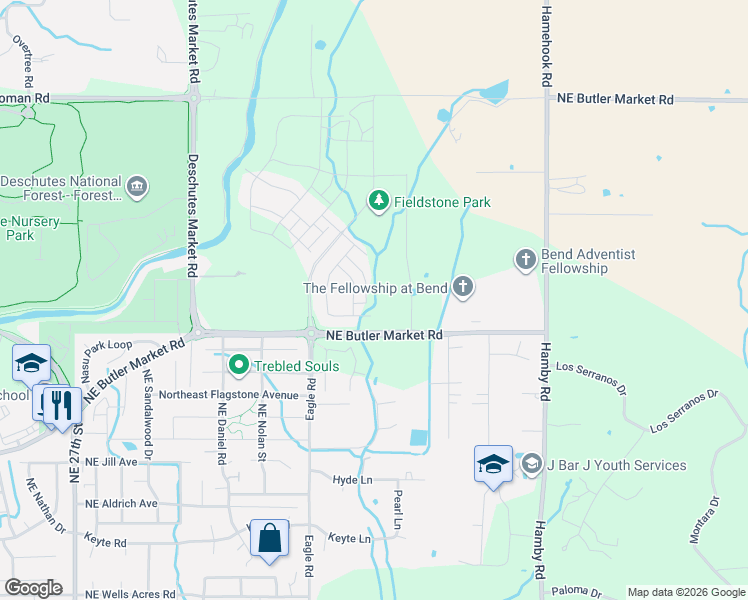 map of restaurants, bars, coffee shops, grocery stores, and more near 21444 Northeast Butler Market Road in Bend