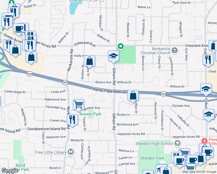 map of restaurants, bars, coffee shops, grocery stores, and more near 2076 Elanco Avenue in Eugene