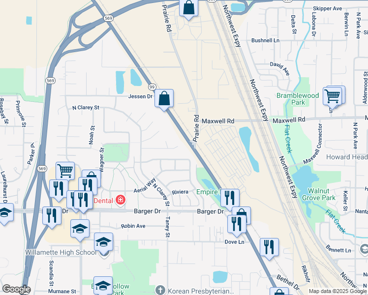 map of restaurants, bars, coffee shops, grocery stores, and more near 3869 Century Drive in Eugene
