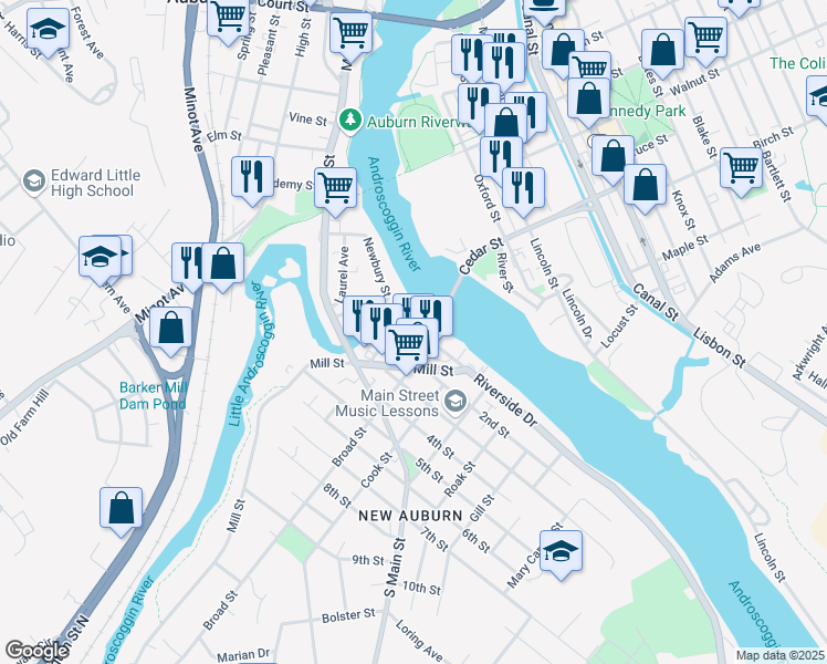 map of restaurants, bars, coffee shops, grocery stores, and more near 41 Broad Street in Auburn