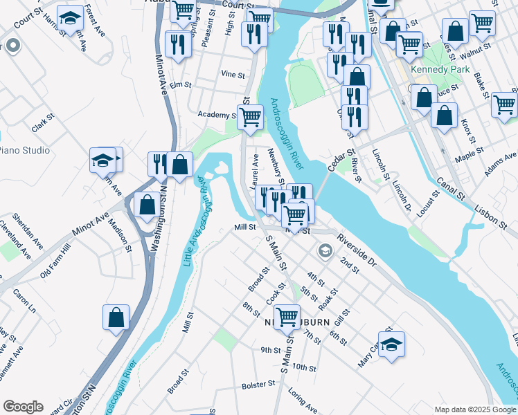 map of restaurants, bars, coffee shops, grocery stores, and more near 376 Maine 136 in Auburn