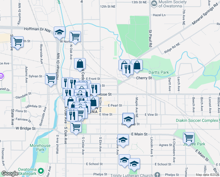 map of restaurants, bars, coffee shops, grocery stores, and more near 236 East Rose Street in Owatonna