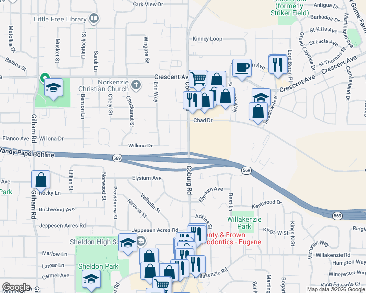 map of restaurants, bars, coffee shops, grocery stores, and more near 2750 Chad Drive in Eugene