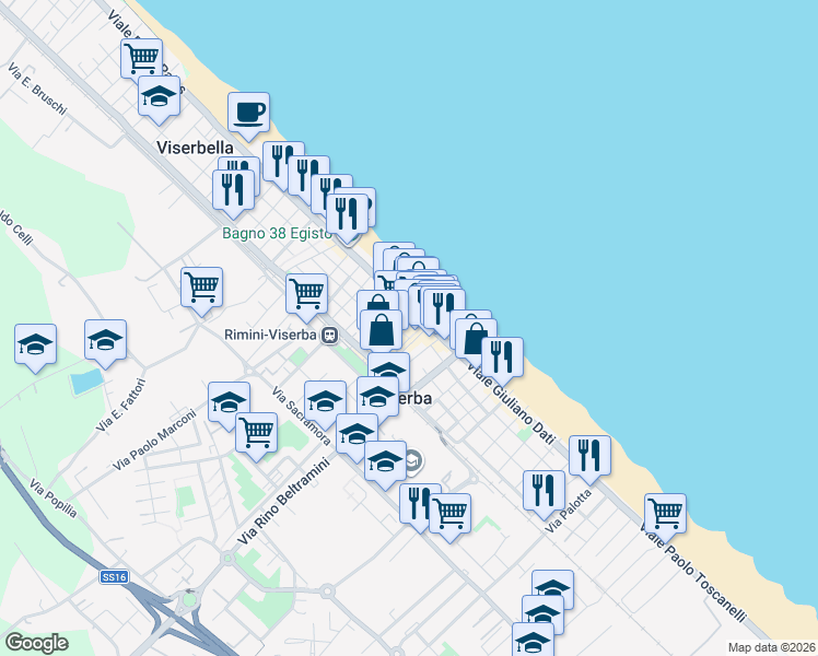 map of restaurants, bars, coffee shops, grocery stores, and more near 2 Via Petricari in Rimini