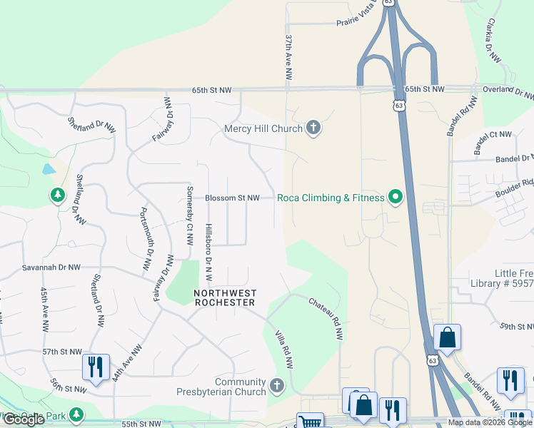 map of restaurants, bars, coffee shops, grocery stores, and more near 6123 Jonathan Lane Northwest in Rochester