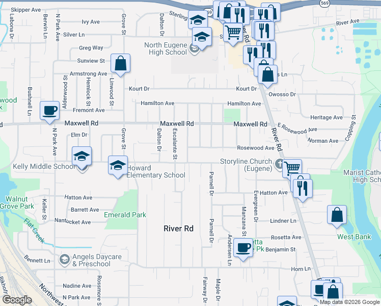 map of restaurants, bars, coffee shops, grocery stores, and more near 1565 Santa Rosa Street in Eugene