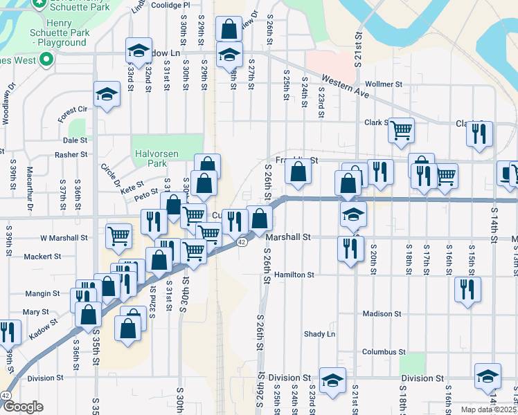map of restaurants, bars, coffee shops, grocery stores, and more near 2702 Calumet Avenue in Manitowoc