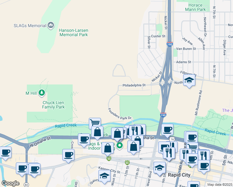 map of restaurants, bars, coffee shops, grocery stores, and more near 425 Founders Park Drive in Rapid City