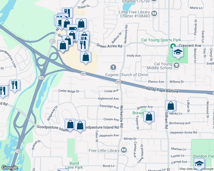 map of restaurants, bars, coffee shops, grocery stores, and more near 1490 Linda Avenue in Eugene