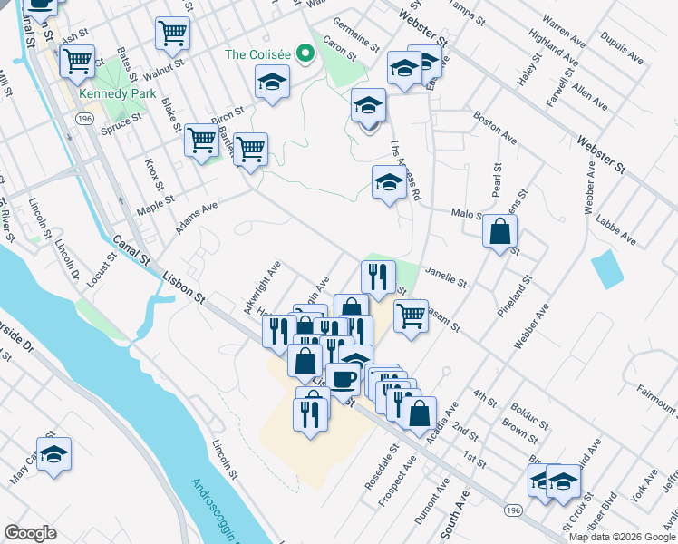 map of restaurants, bars, coffee shops, grocery stores, and more near 85 Cumberland Avenue in Lewiston