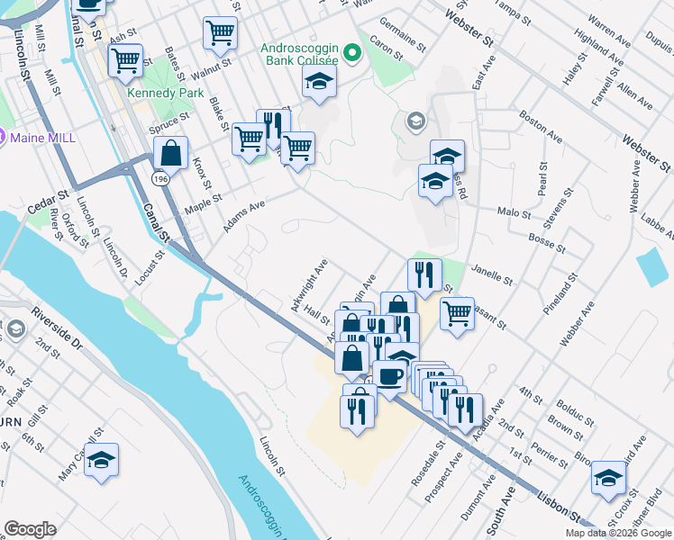 map of restaurants, bars, coffee shops, grocery stores, and more near 26 Coburn Street in Lewiston