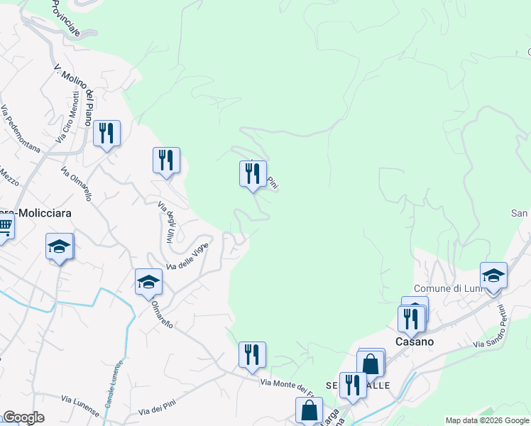 map of restaurants, bars, coffee shops, grocery stores, and more near 40 Via dei Pini in Provincia della Spezia