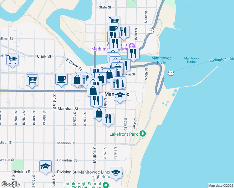 map of restaurants, bars, coffee shops, grocery stores, and more near in Manitowoc