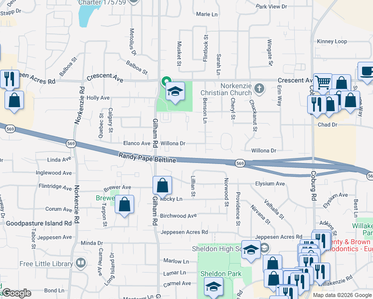 map of restaurants, bars, coffee shops, grocery stores, and more near 2255 Palmer Avenue in Eugene