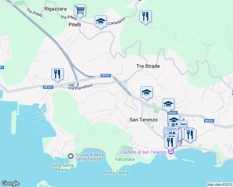 map of restaurants, bars, coffee shops, grocery stores, and more near 36 Via Umberto Biancamano in Lerici