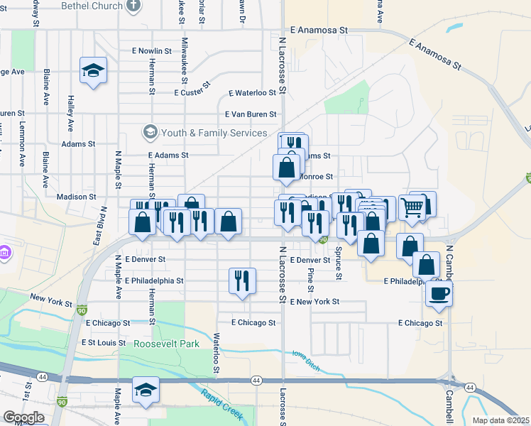 map of restaurants, bars, coffee shops, grocery stores, and more near 507 East Watertown Street in Rapid City