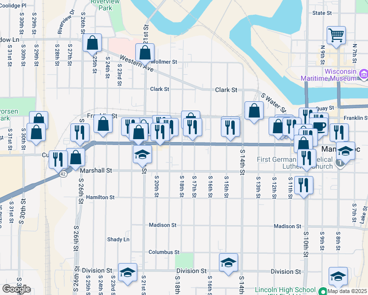 map of restaurants, bars, coffee shops, grocery stores, and more near 1021 South 19th Street in Manitowoc