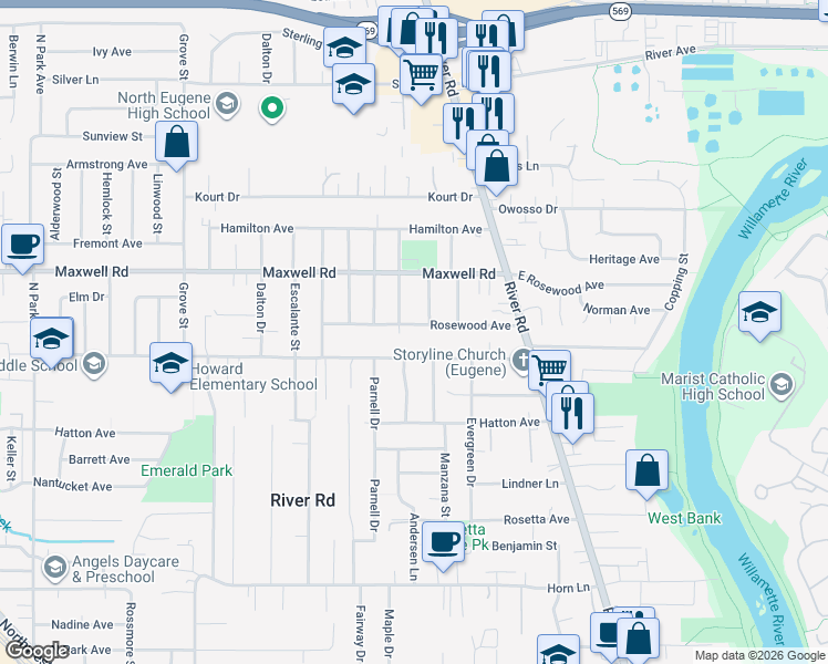 map of restaurants, bars, coffee shops, grocery stores, and more near 260 Rosewood Avenue in Eugene